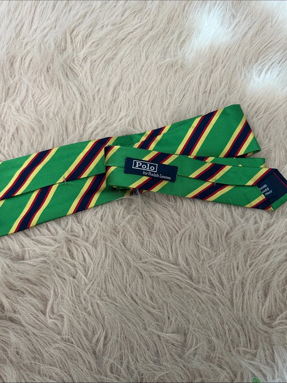 Polo by Ralph Lauren Green Tie with Yellow and Navy Stripe Pattern